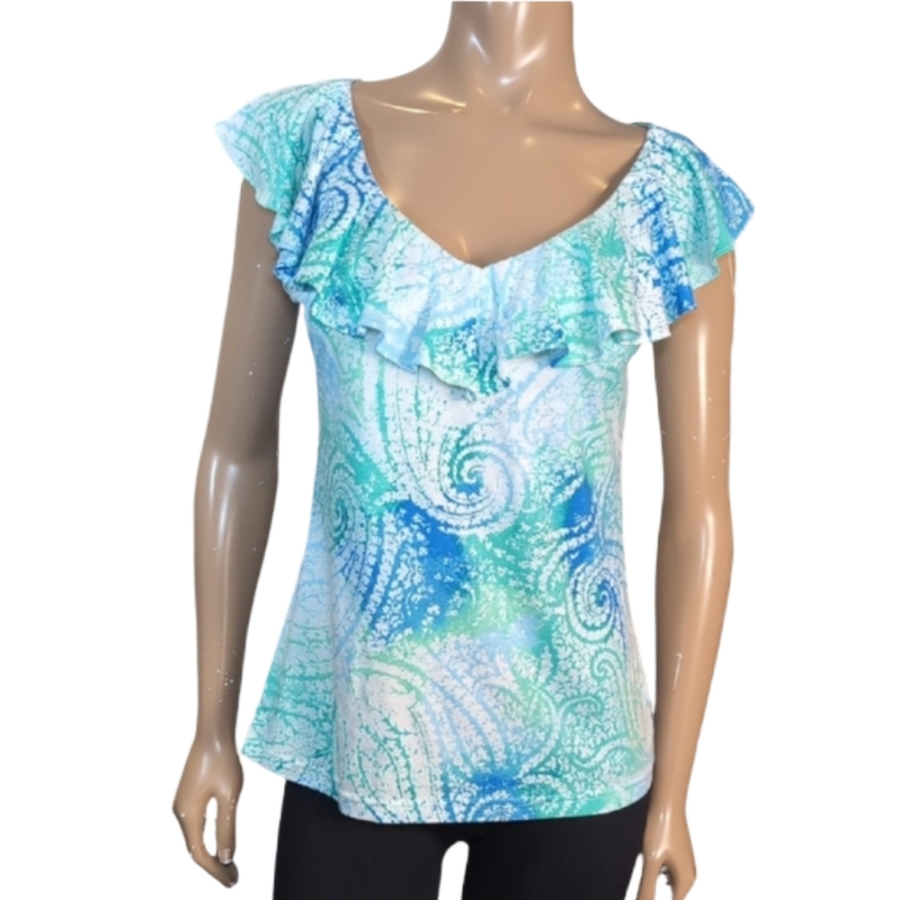 Chaps Ruffle Vneck Sleeveless Top Blue Paisley Flounce Womens Size Medium